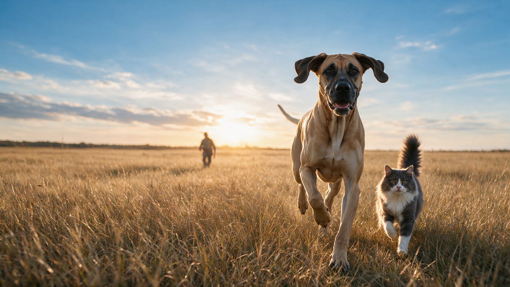 Un perro grande y un gato avanzando juntos por una pradera de pasto dorado, con una persona paseando a lo lejos