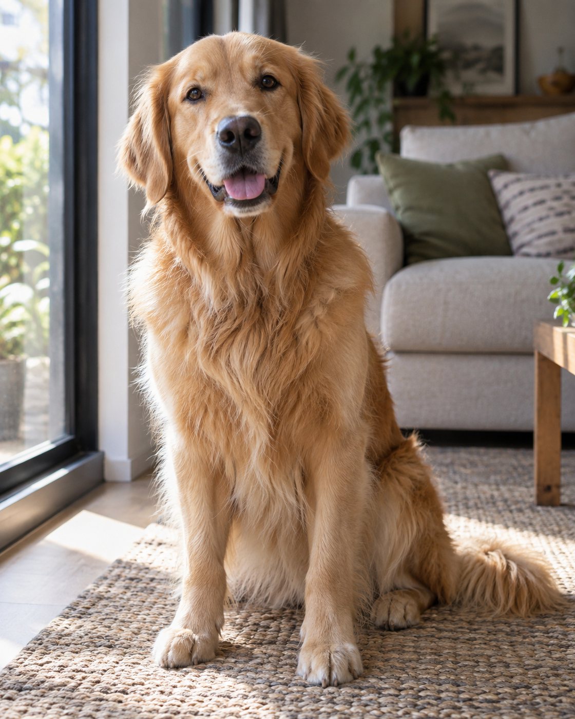 Golden retriever adulto con el pelaje brillante, junto a la ventana de su casa